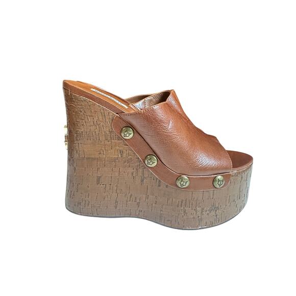 Naked Wolfe Womens 10 Tulip Tan Platform Wedge Mules Brown Leather Studded 70s - Picture 3 of 16